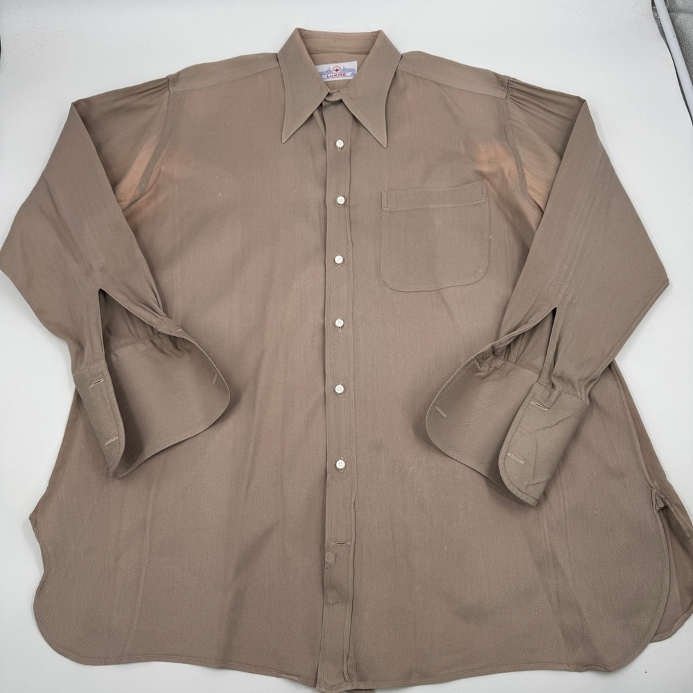Luxire Button Down Shirt Mens XL Taupe Herringbone Long Point Collar French Cuff